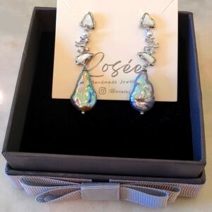 Handmade Freshwater Baroque Pearl, Mother Of Pearl, CZ dangle Earrings